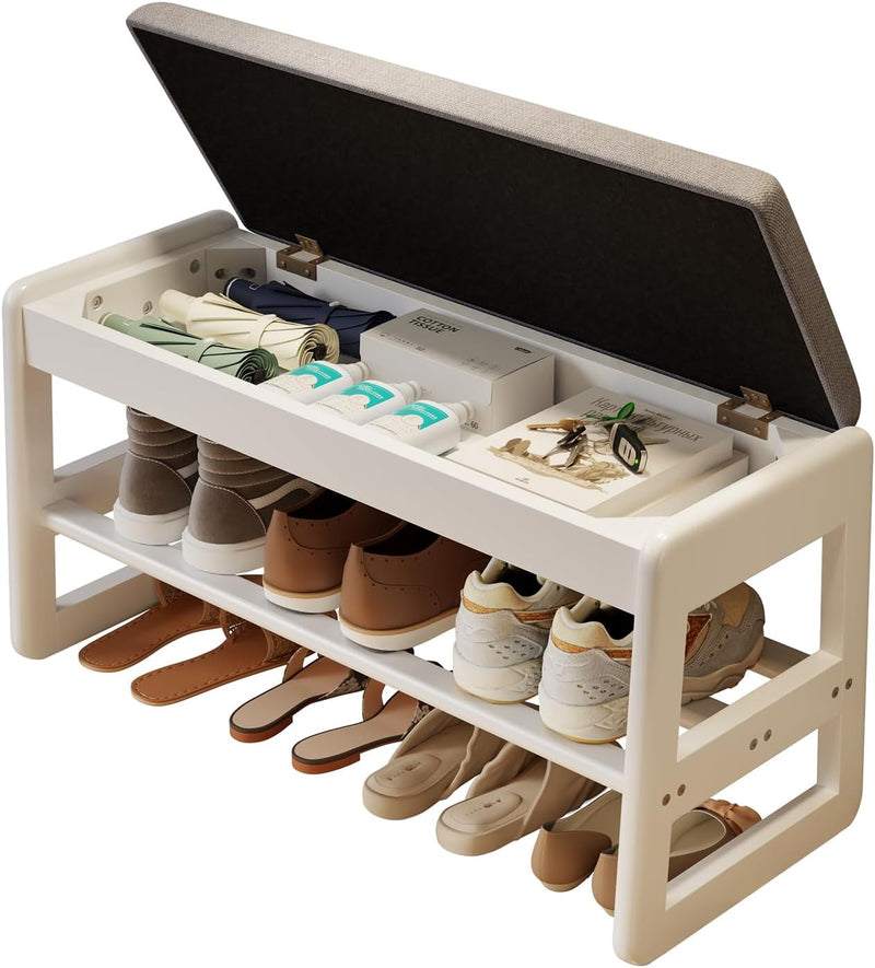 Small Shoe Bench with Cushion Storage Seat Wooden
