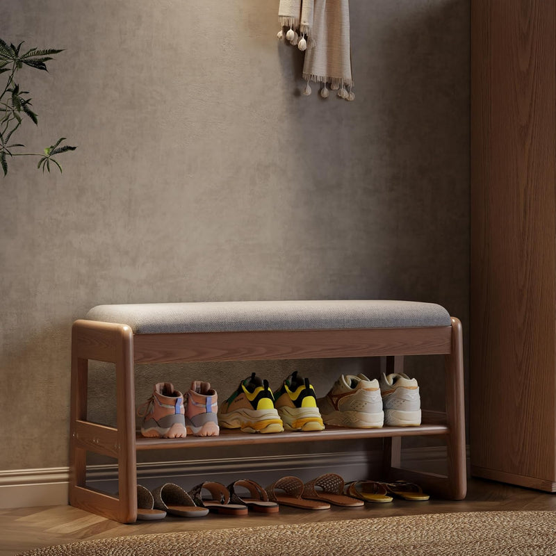 Small Shoe Bench with Cushion Storage Seat Wooden