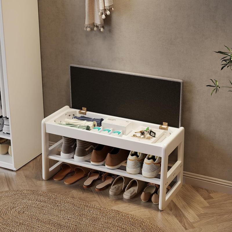 Small Shoe Bench with Cushion Storage Seat Wooden