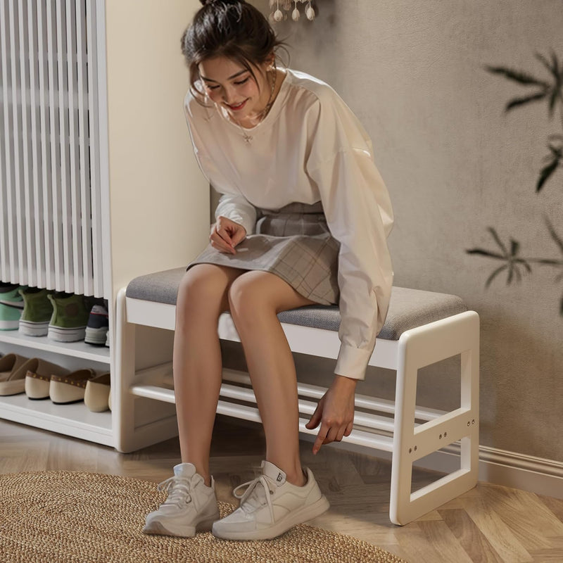 Small Shoe Bench with Cushion Storage Seat Wooden
