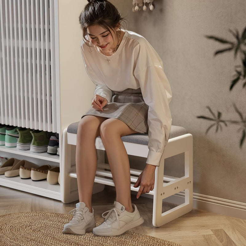 Small Shoe Bench with Cushion Storage Seat Wooden