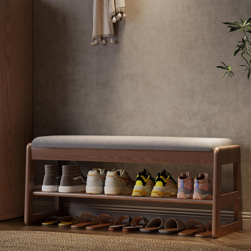 Small Shoe Bench with Cushion Storage Seat Wooden