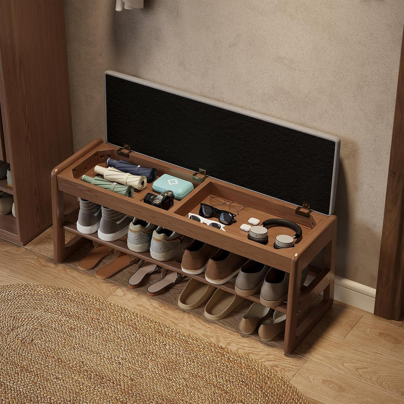 Small Shoe Bench with Cushion Storage Seat Wooden