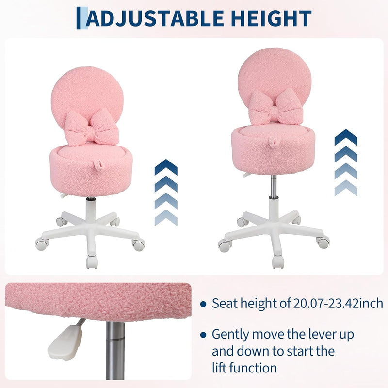 Small Vanity Chair with Wheels 9L Hidden Storage