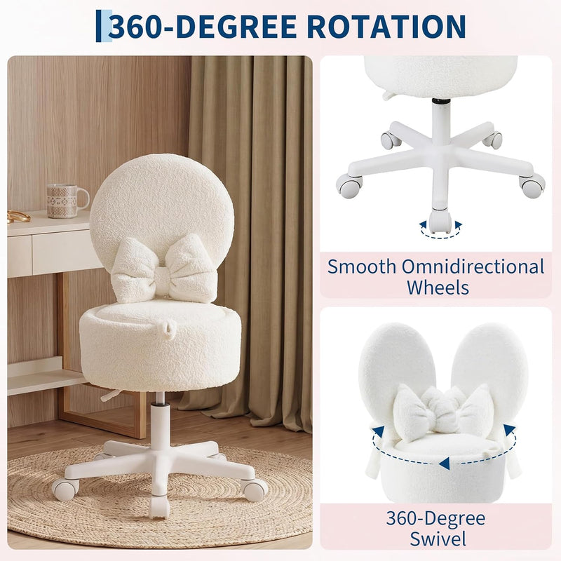 Small Vanity Chair with Wheels 9L Hidden Storage