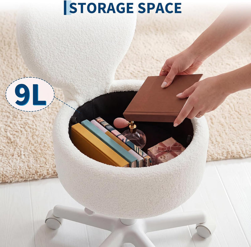 Small Vanity Chair with Wheels 9L Hidden Storage