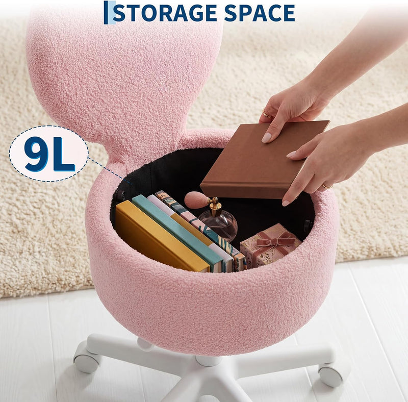 Small Vanity Chair with Wheels 9L Hidden Storage