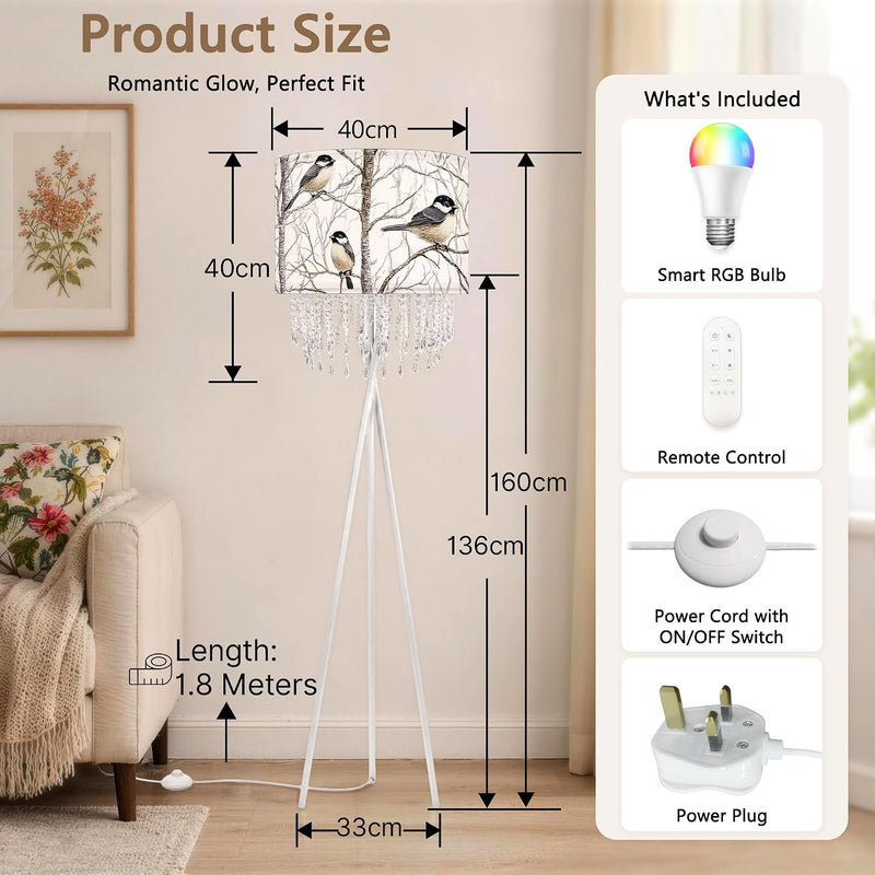 Smart Tripod Floor Lamp with Coal Tit Bird
