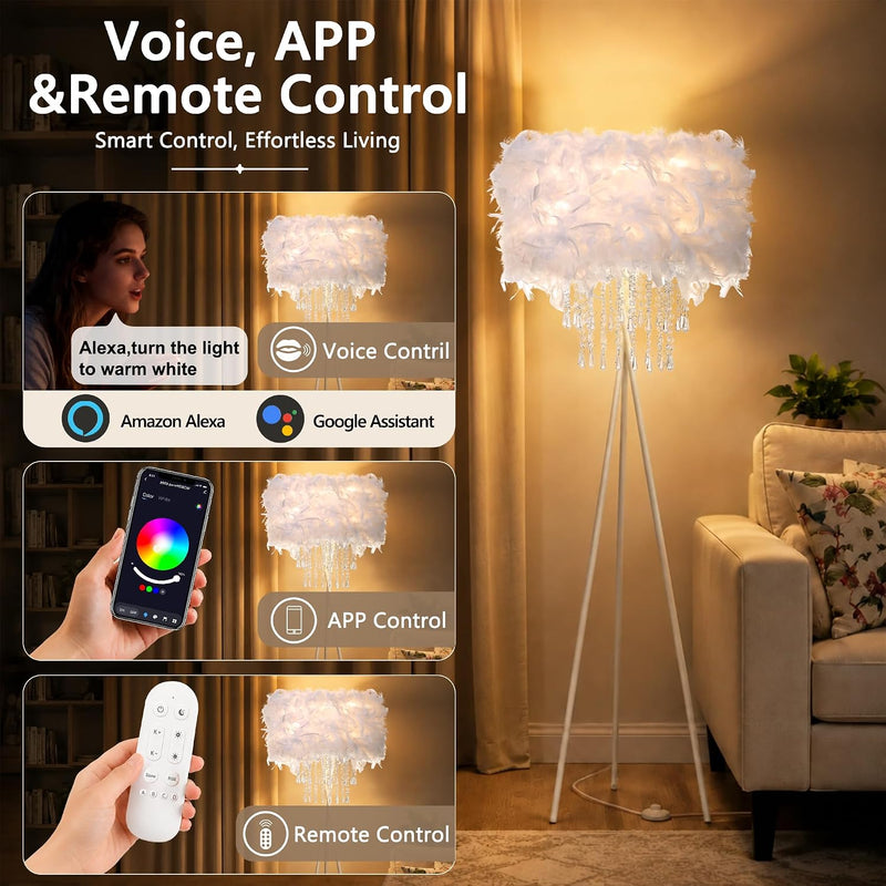 Smart Tripod Floor Lamp with Feather Shade Acrylic