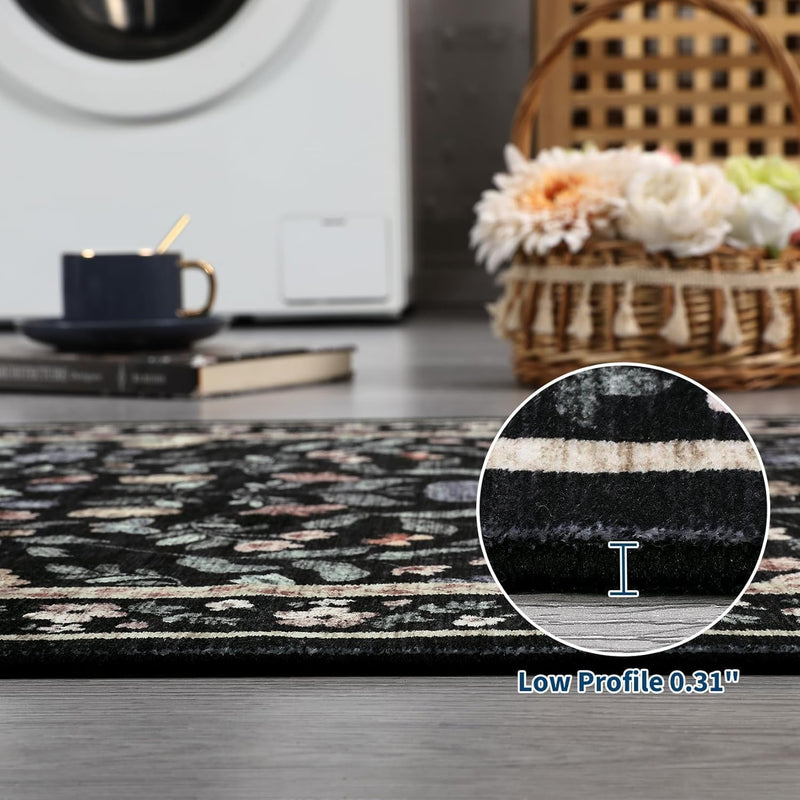 Floral Living Room Rug Washable Low