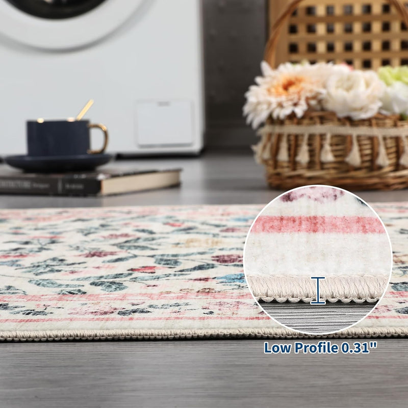 Floral Living Room Rug Washable Low