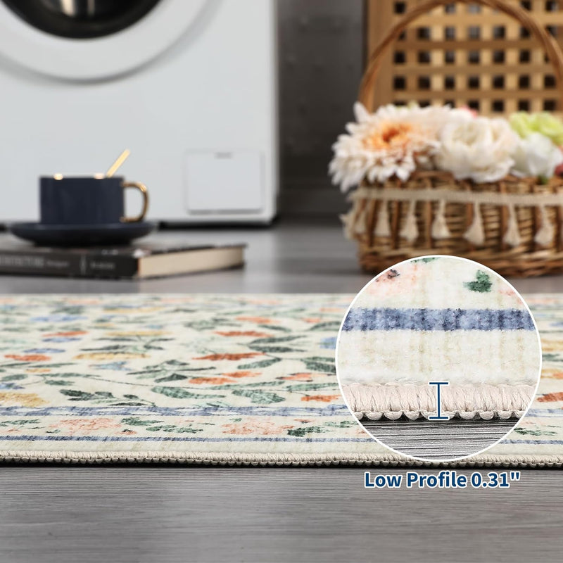 Floral Living Room Rug Washable Low