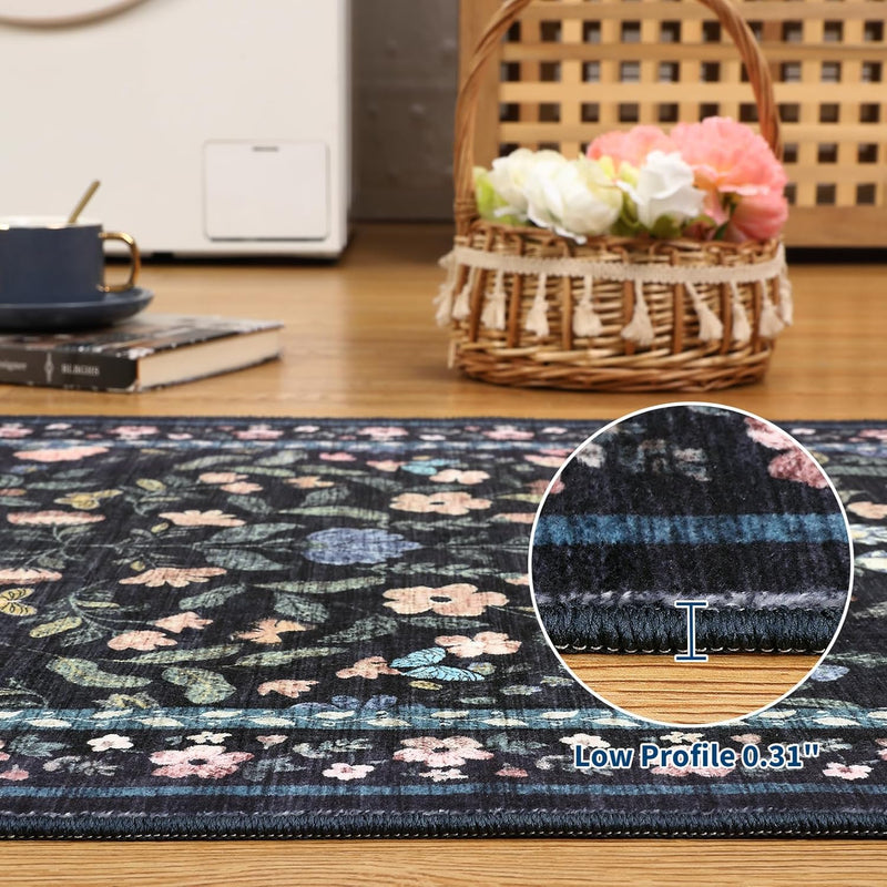 Floral Living Room Rug Washable Low
