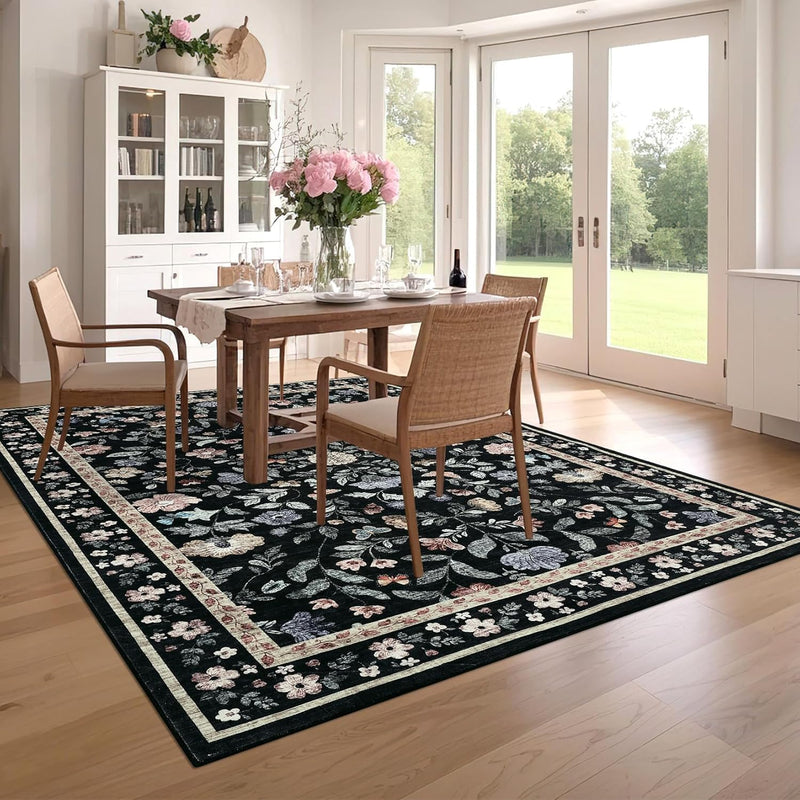 Floral Living Room Rug Washable Low