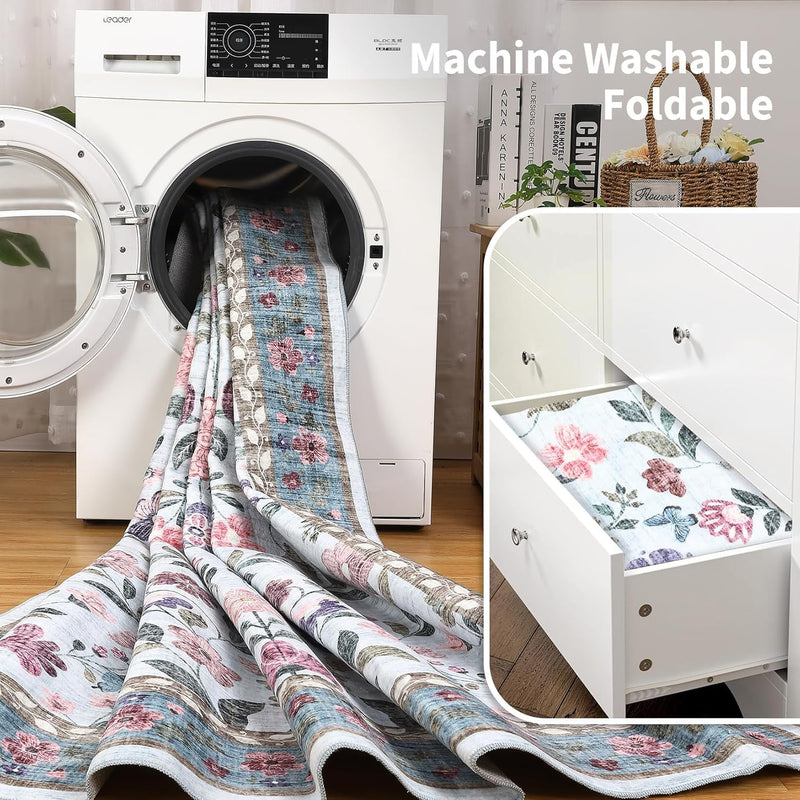 Floral Living Room Rug Washable Low