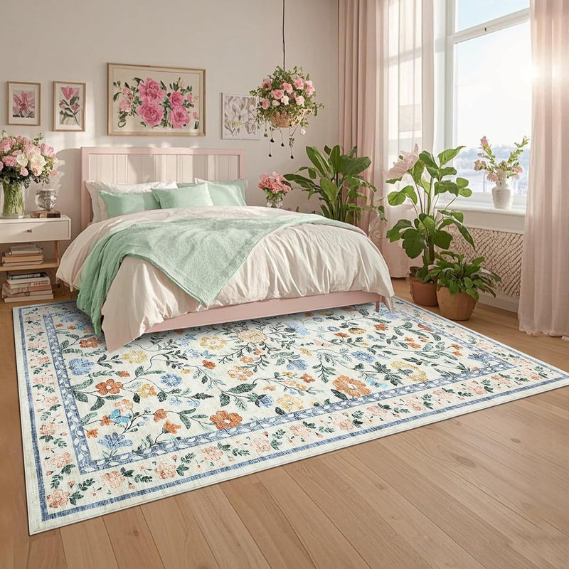 Floral Living Room Rug Washable Low