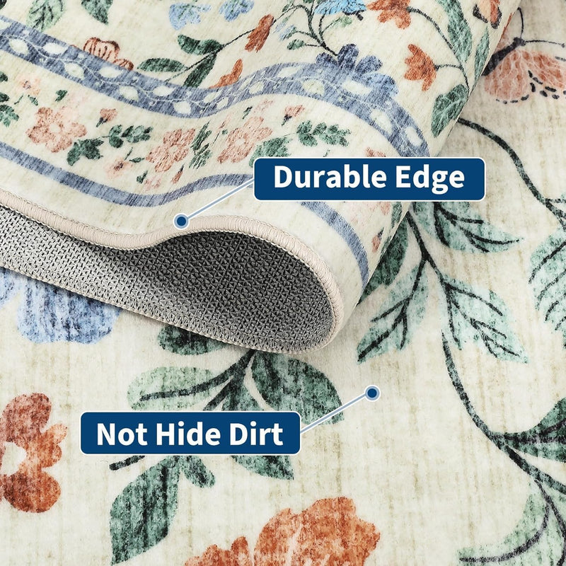 Floral Living Room Rug Washable Low