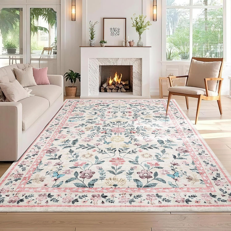 Floral Living Room Rug Washable Low