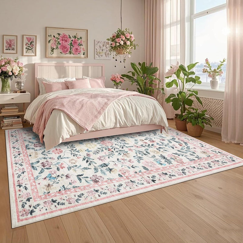 Floral Living Room Rug Washable Low