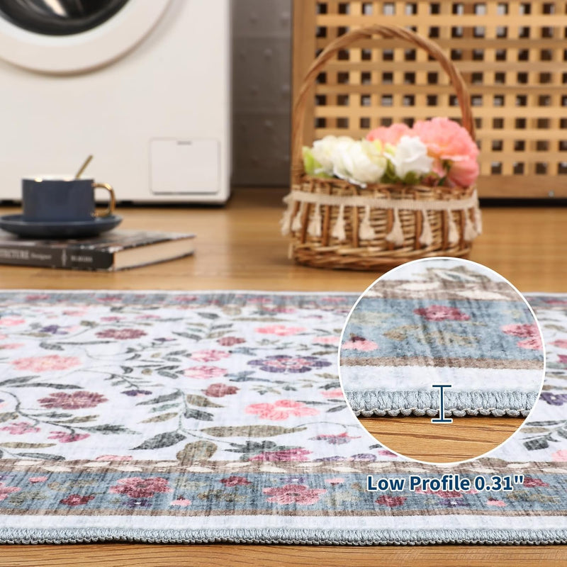 Floral Living Room Rug Washable Low