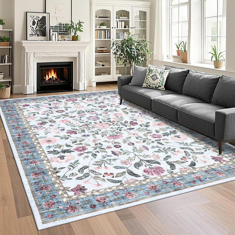 Floral Living Room Rug Washable Low