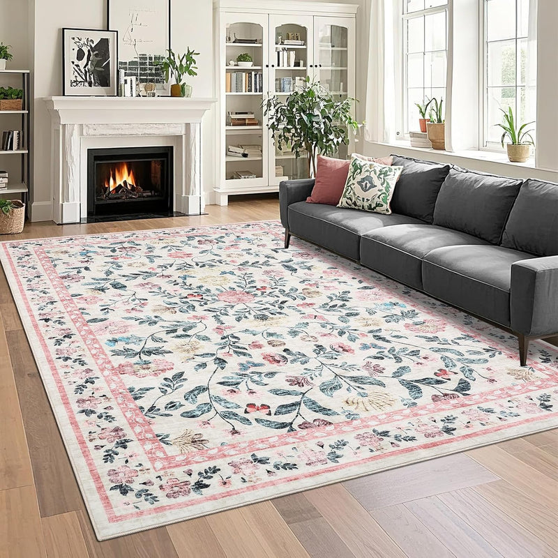 Floral Living Room Rug Washable Low