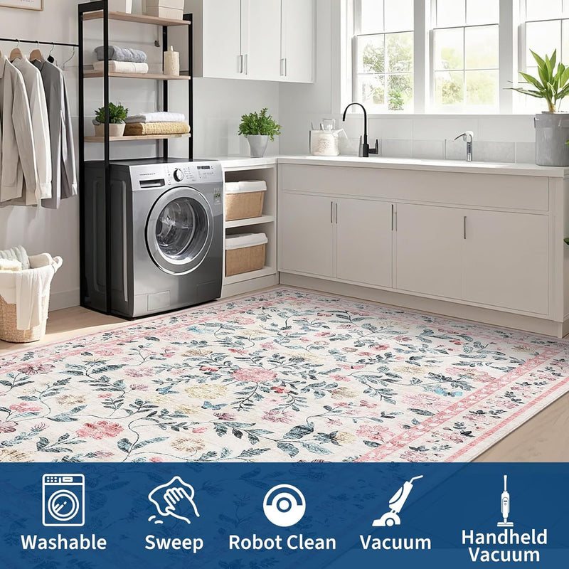 Floral Living Room Rug Washable Low
