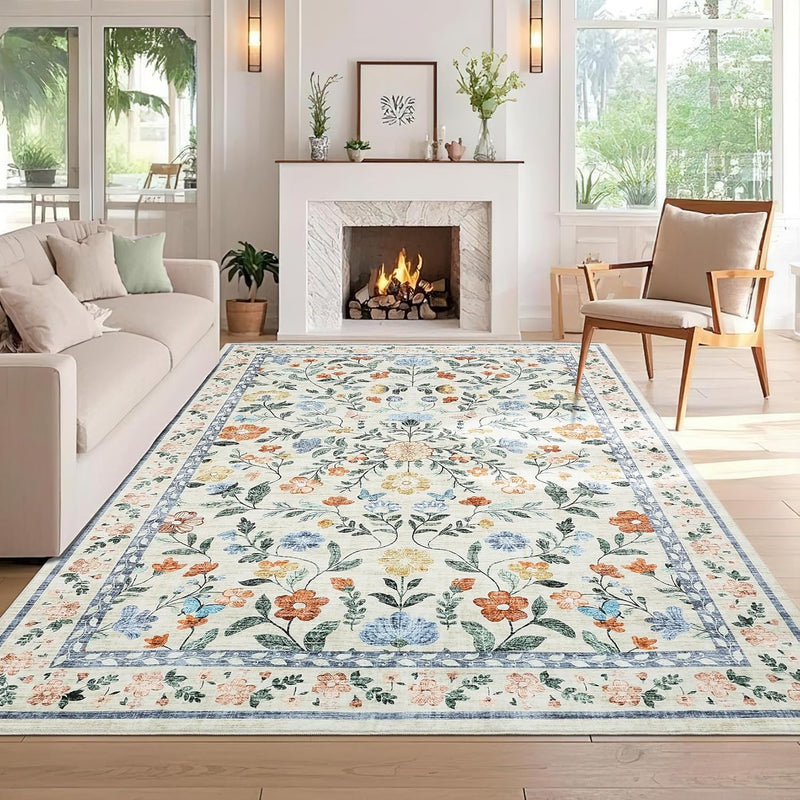 Floral Living Room Rug Washable Low