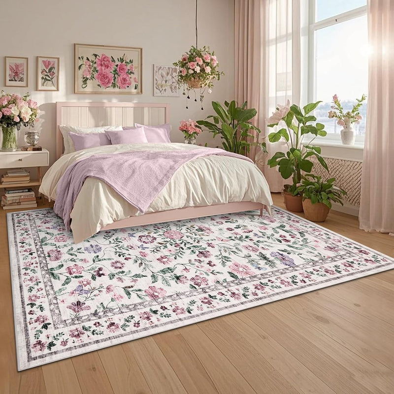 Floral Living Room Rug Washable Low