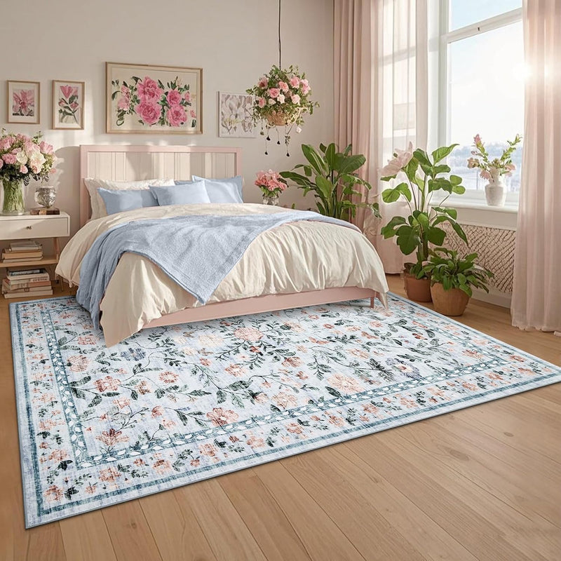 Floral Living Room Rug Washable Low