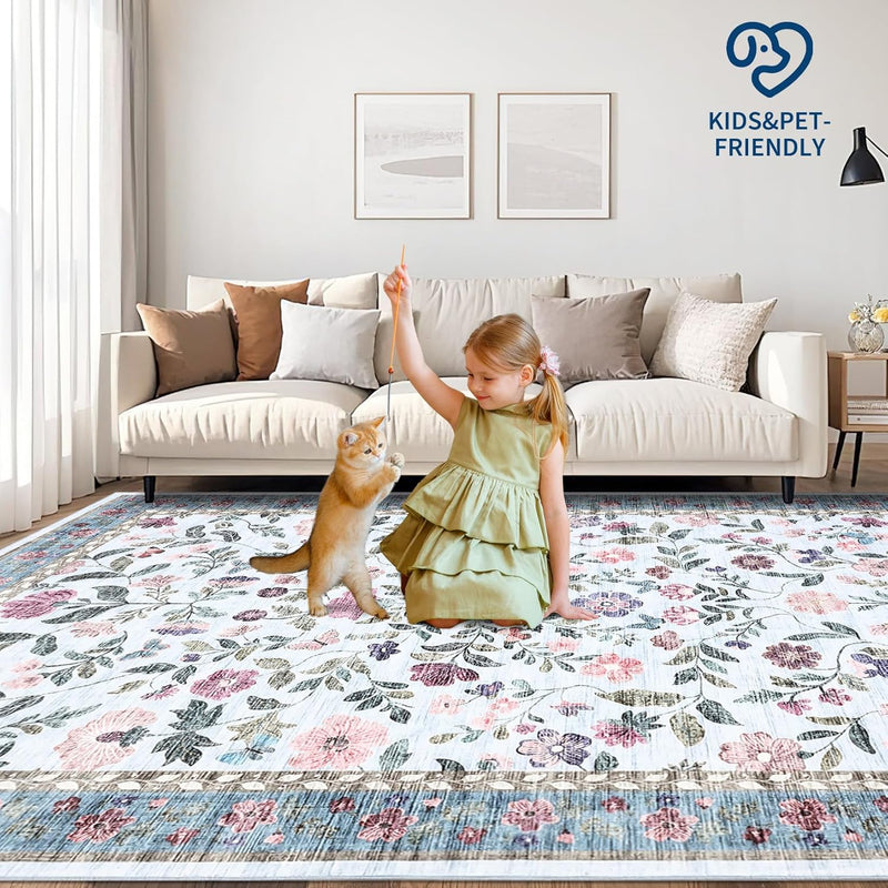 Floral Living Room Rug Washable Low