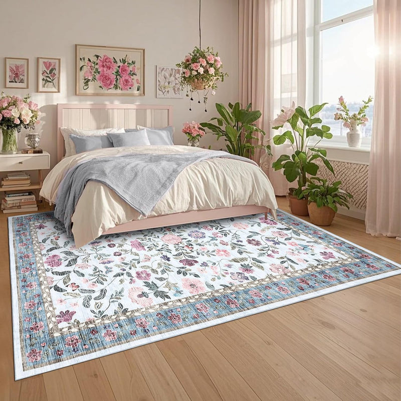 Floral Living Room Rug Washable Low
