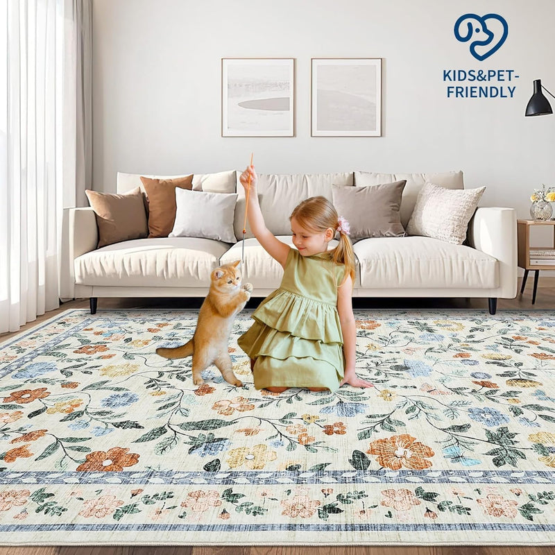 Floral Living Room Rug Washable Low
