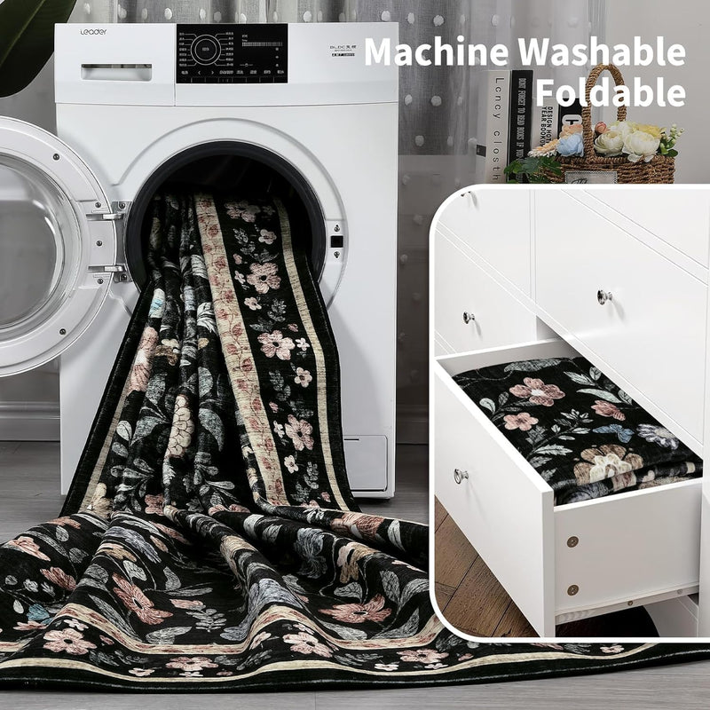 Floral Living Room Rug Washable Low