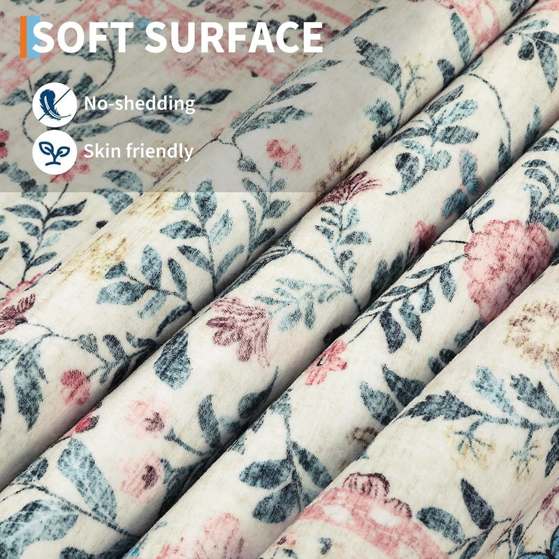 Floral Living Room Rug Washable Low