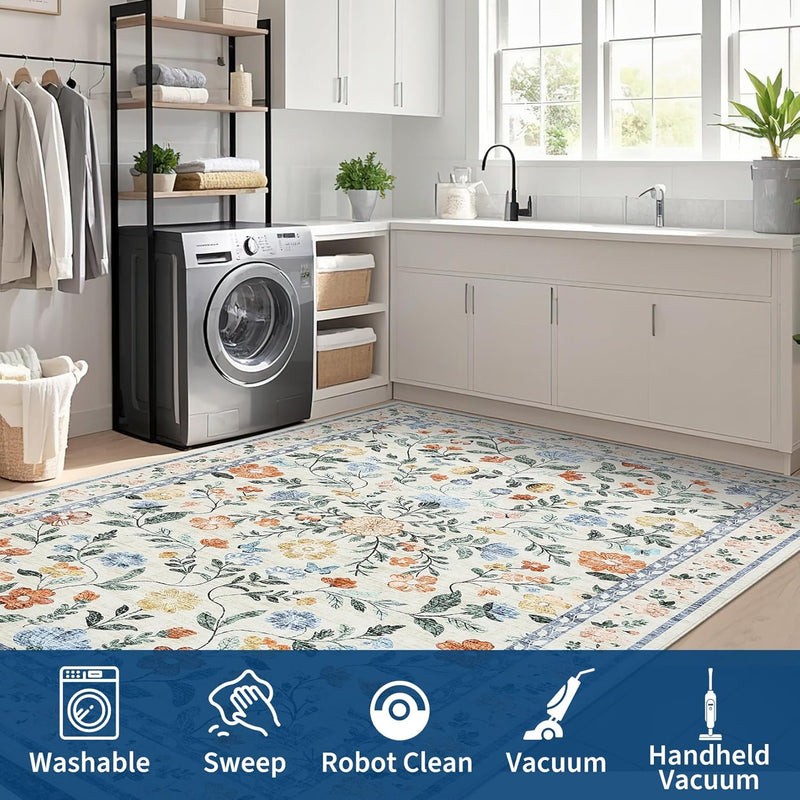Floral Living Room Rug Washable Low