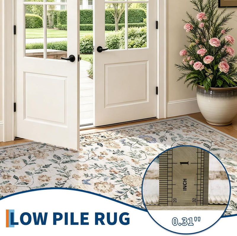 Floral Living Room Rug Washable Low