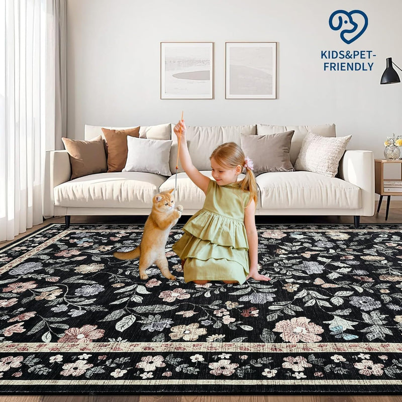 Floral Living Room Rug Washable Low