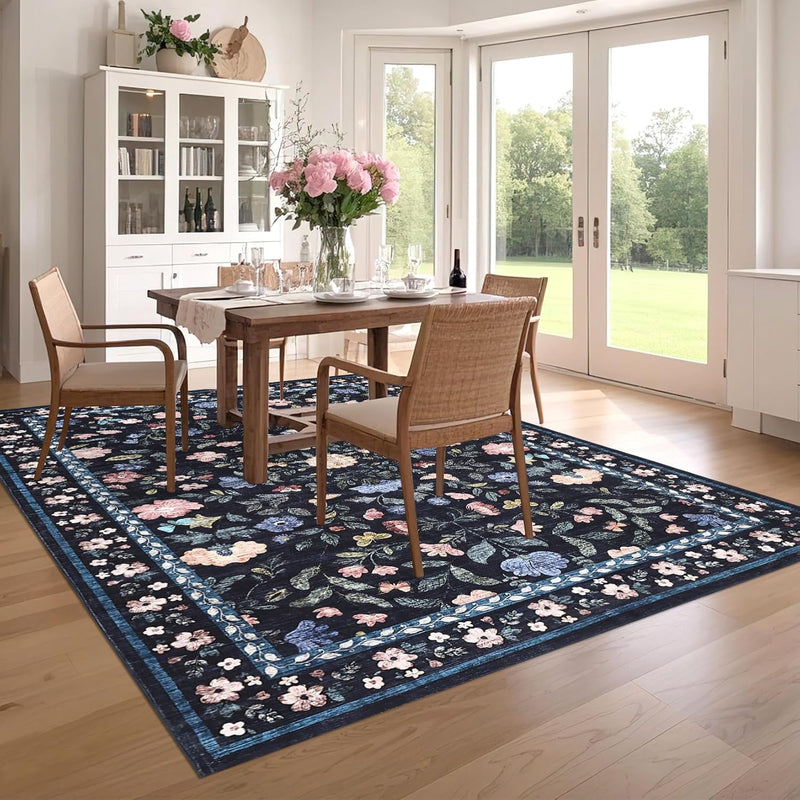 Floral Living Room Rug Washable Low