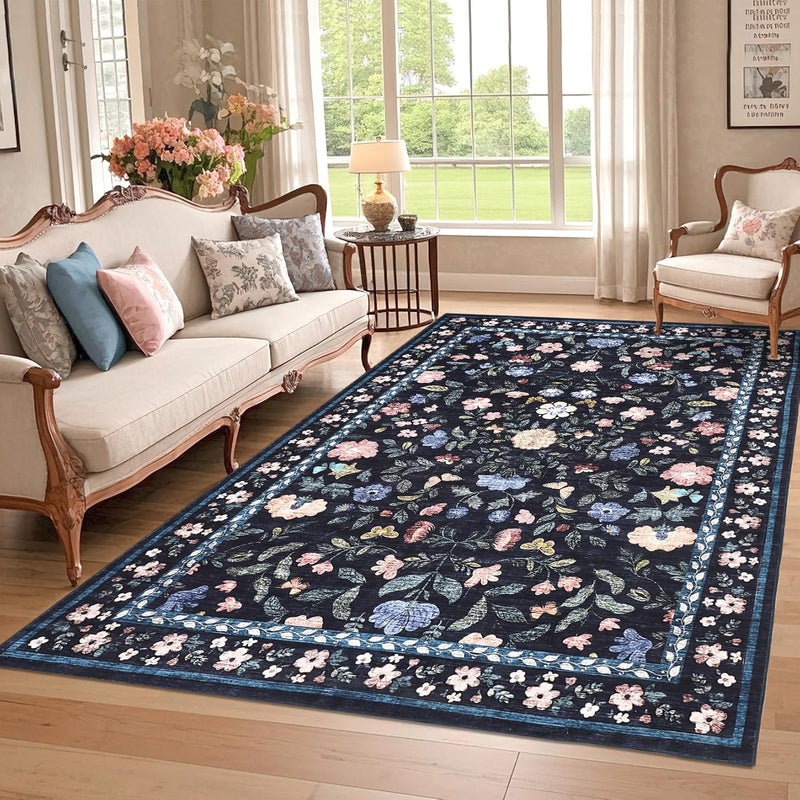 Floral Living Room Rug Washable Low