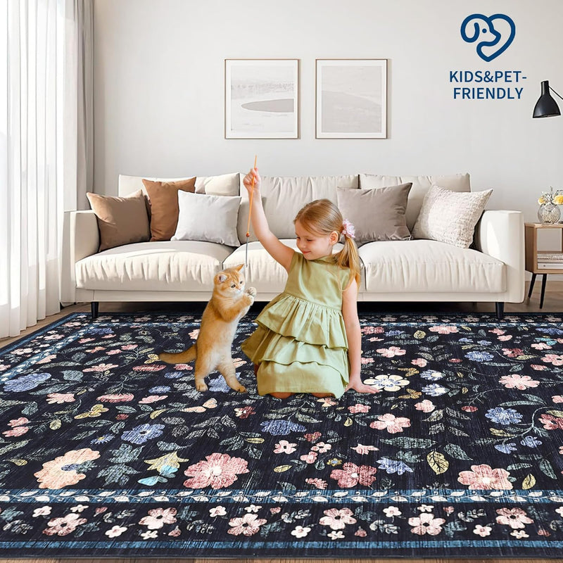 Floral Living Room Rug Washable Low