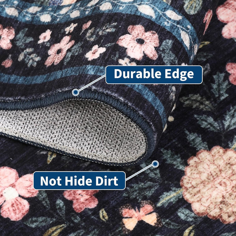 Floral Living Room Rug Washable Low