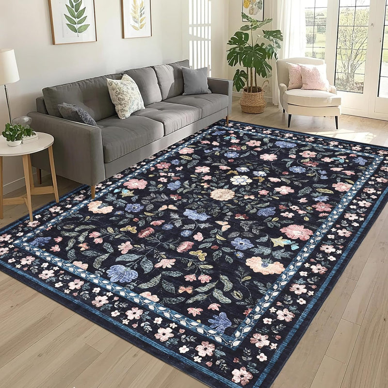 Floral Living Room Rug Washable Low