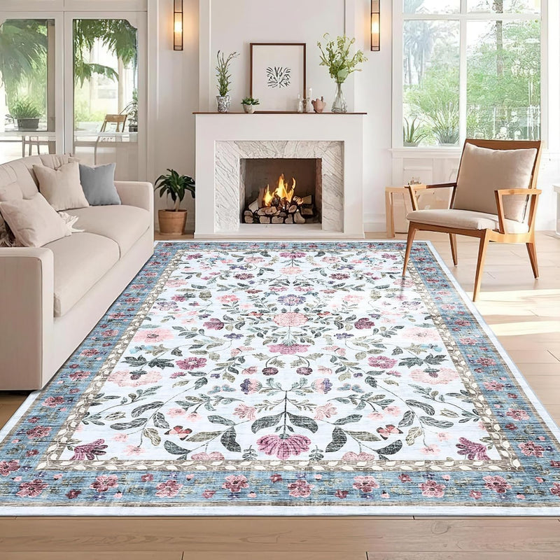 Floral Living Room Rug Washable Low