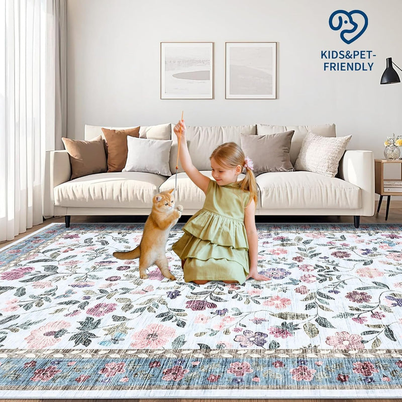Floral Living Room Rug Washable Low