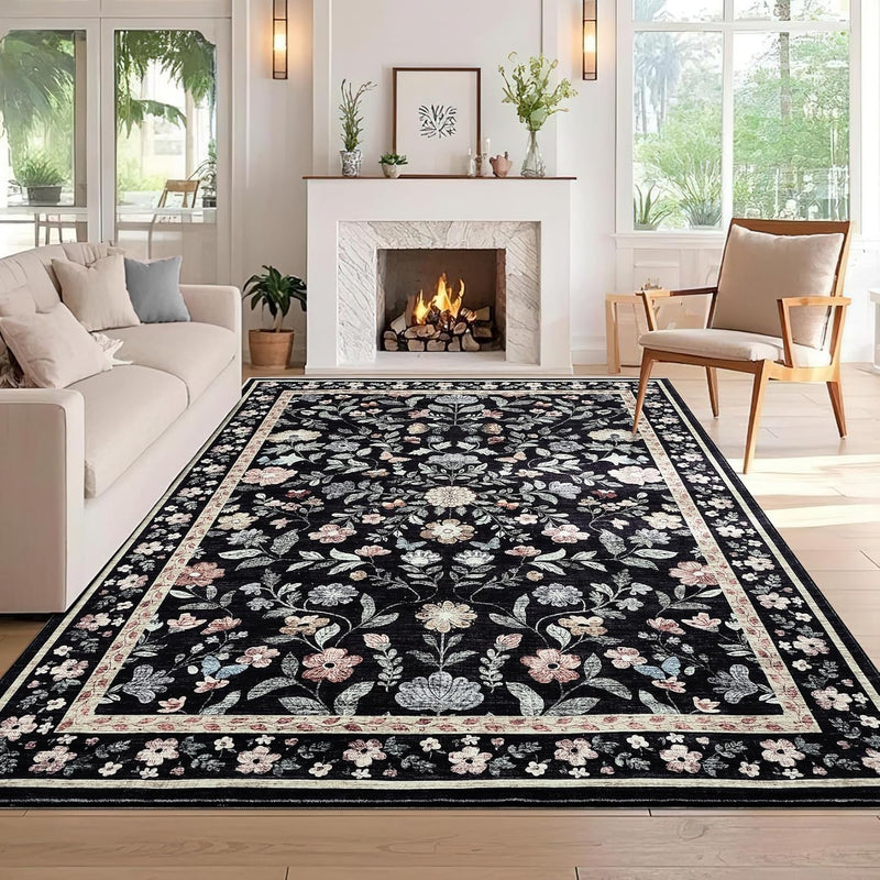 Floral Living Room Rug Washable Low