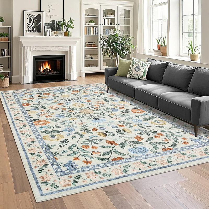 Floral Living Room Rug Washable Low