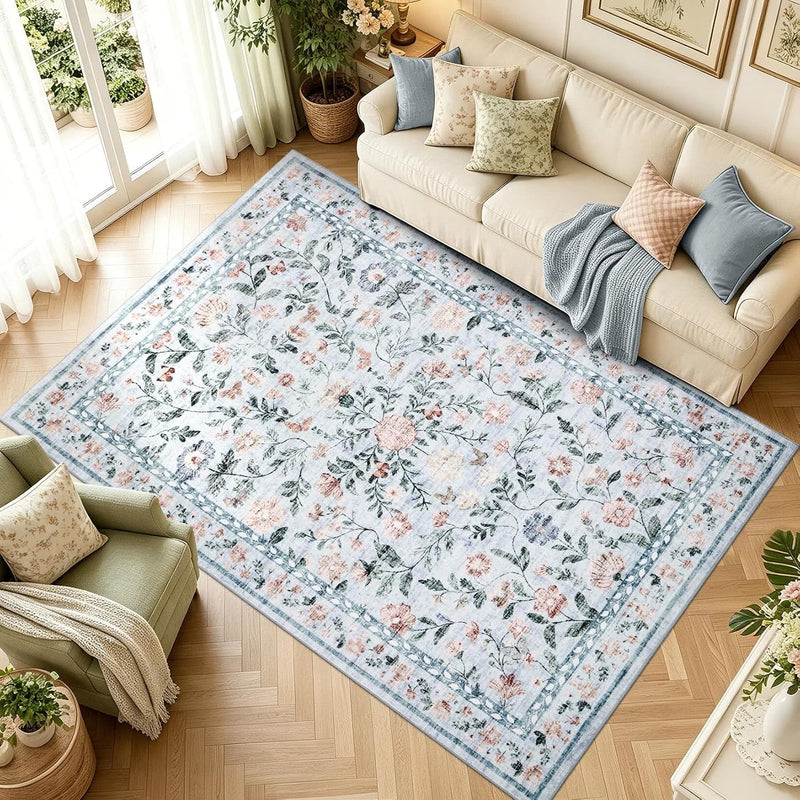 Floral Living Room Rug Washable Low