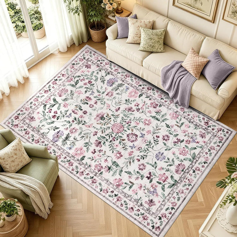 Floral Living Room Rug Washable Low