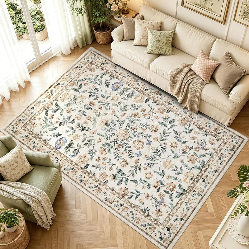 Floral Living Room Rug Washable Low